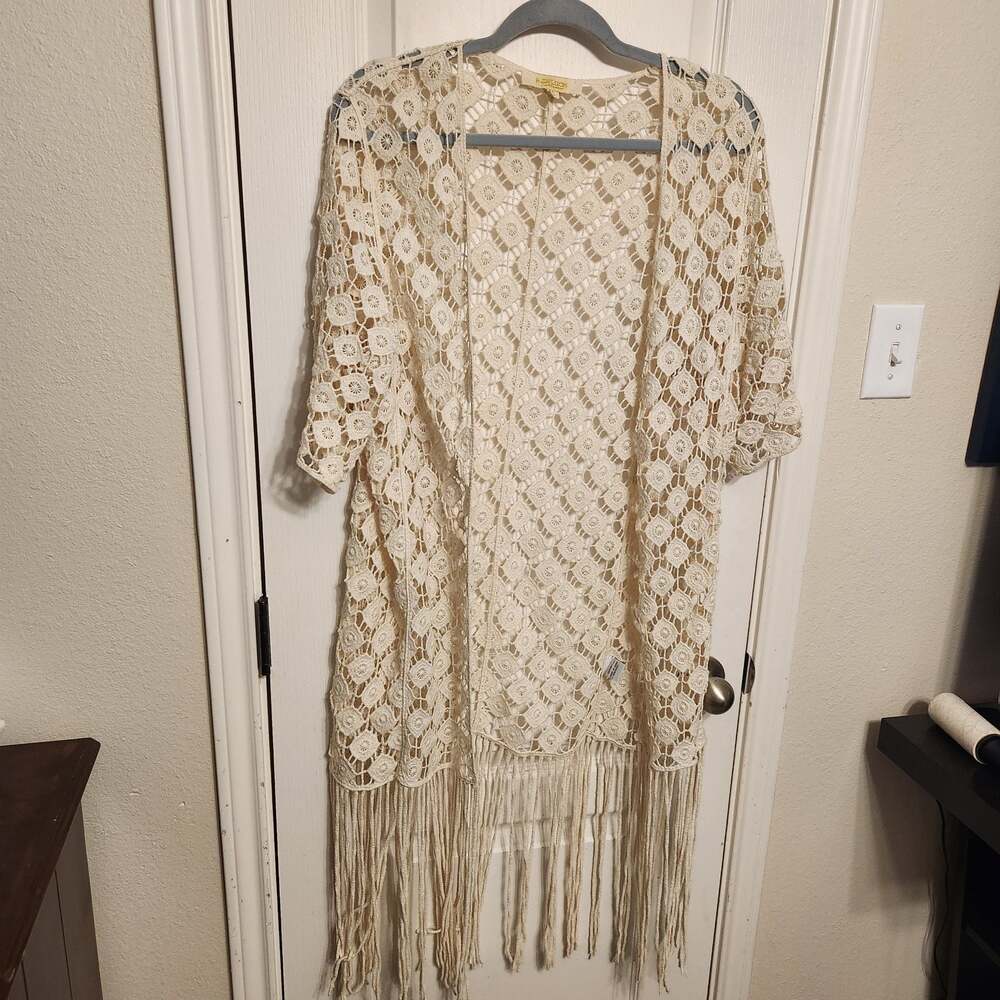 Crochet Fringe Cream Colored Open Cardigan Size S